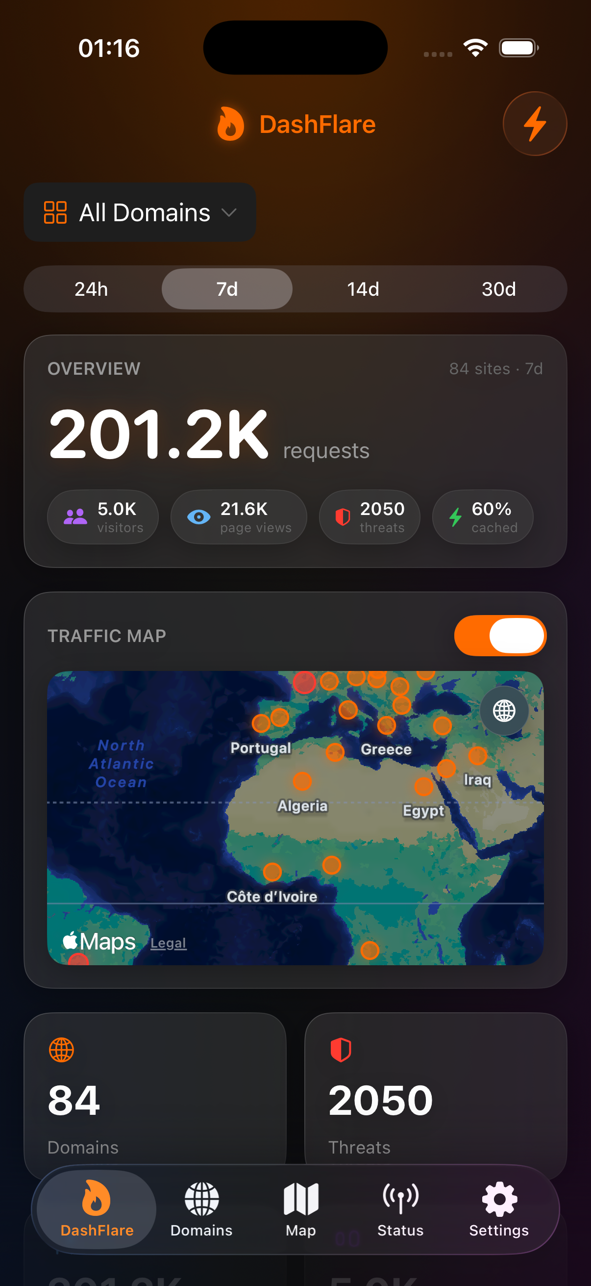 DashFlare dashboard on iPhone — real-time requests, visitors, threats, bandwidth and cache rate with a live world traffic map across your Cloudflare zones