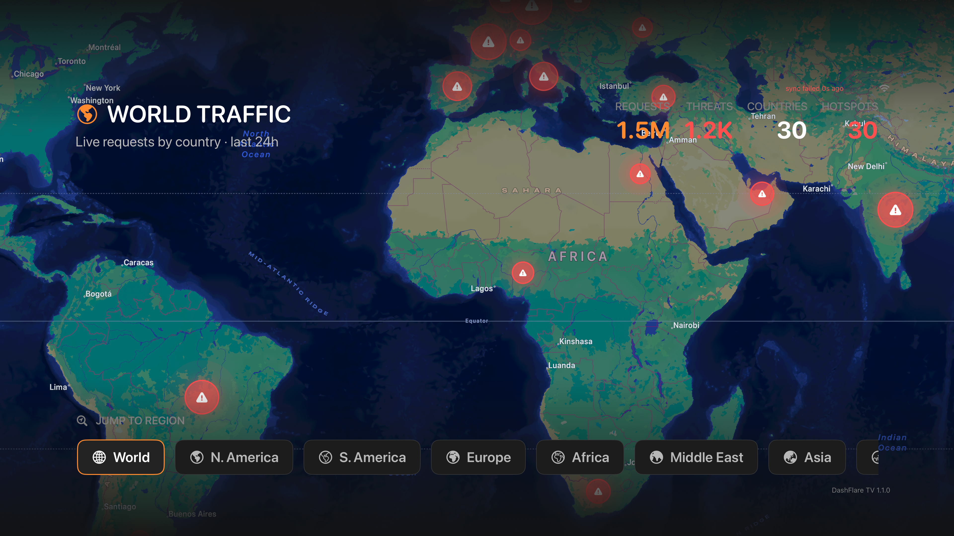 DashFlare World Traffic map — glowing country bubbles across every continent showing live request volume by region